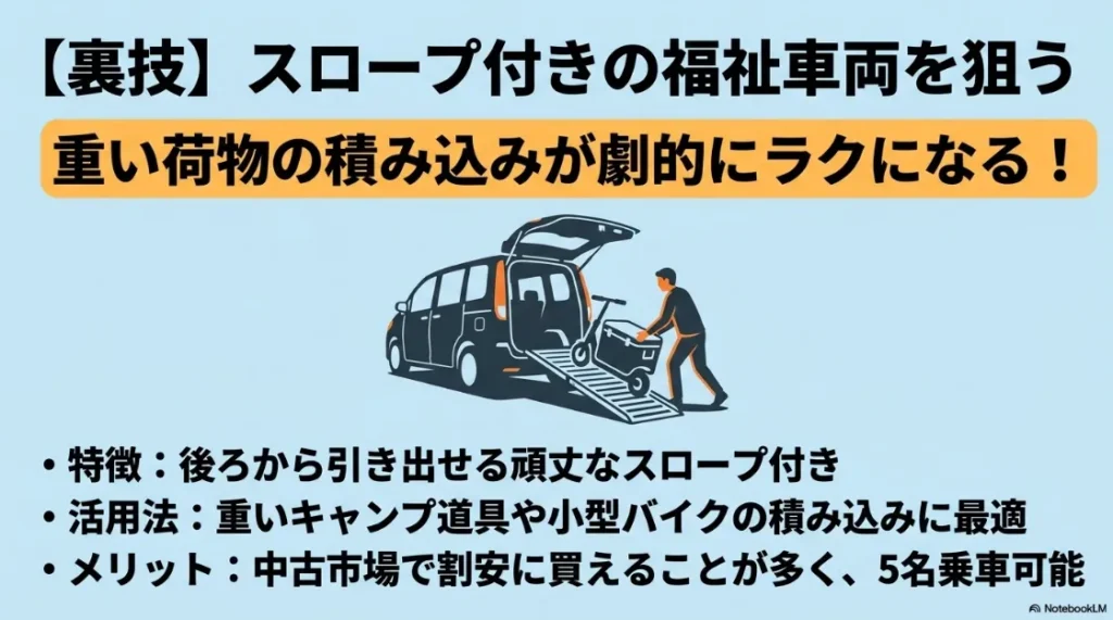 シエンタの福祉車両（スロープ付き）を中古で狙う裏技。重いキャンプ道具や小型バイクの積み込みが劇的に楽になるメリットの解説。
