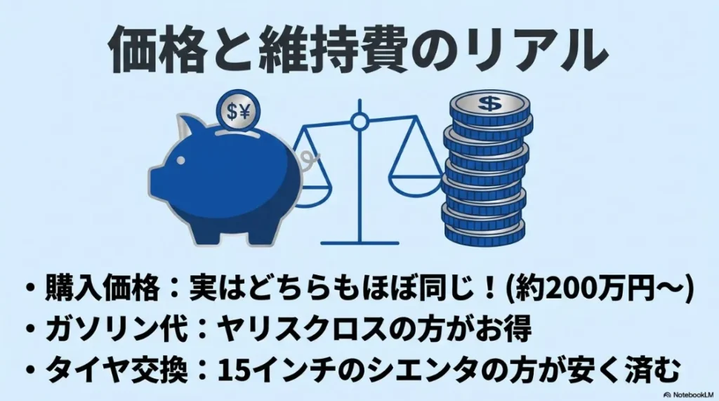 価格と維持費のリアル。購入価格は同等だが、ガソリン代とタイヤ代に差が出る比較