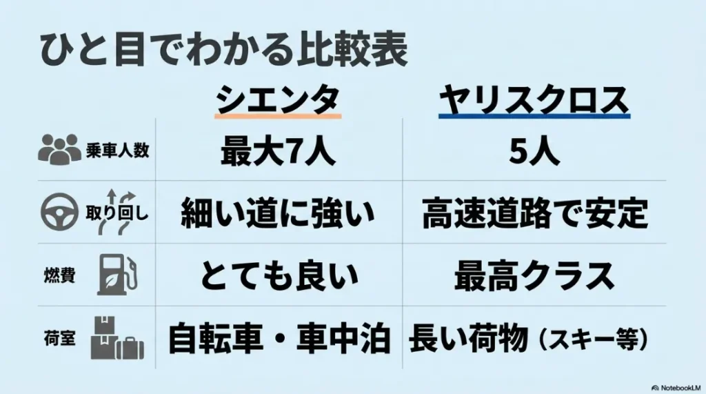 シエンタとヤリスクロスの乗車人数、取り回し、燃費、荷室のひと目でわかる比較表