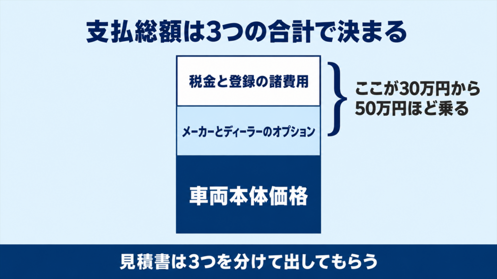 支払総額が車両本体価格とオプションと諸費用の合計で決まることを積み上げで示した図