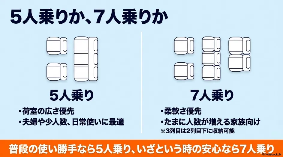 シエンタの5人乗りと7人乗りの違いを荷室・使い方・シート構成で比較した図
