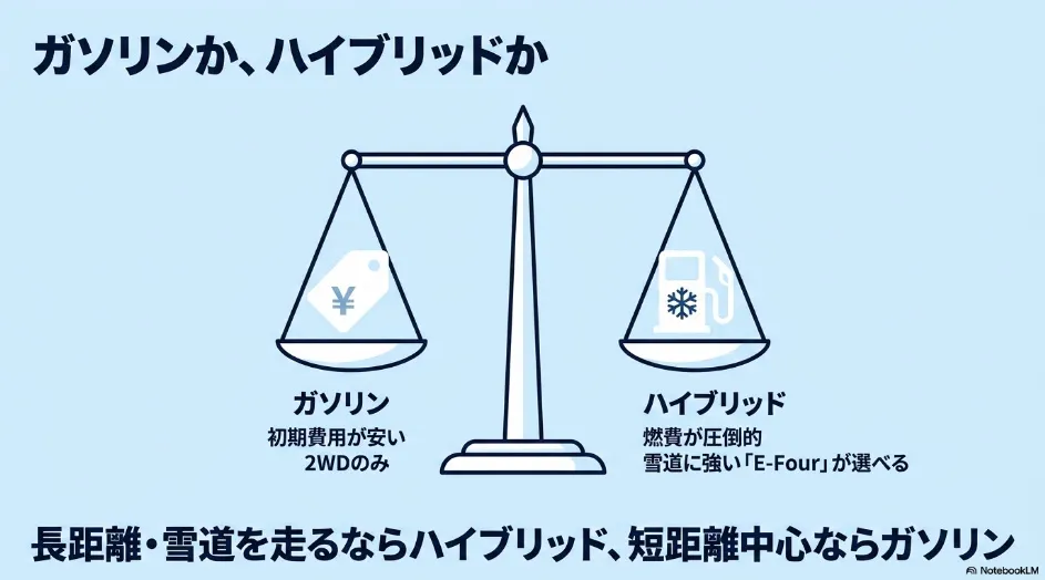 シエンタのガソリン車とハイブリッド車の違いを燃費・価格・駆動方式で比較した図