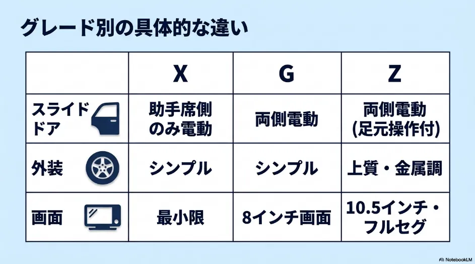 シエンタX・G・Zのスライドドア・外装・ディスプレイ装備の違いを比較した表