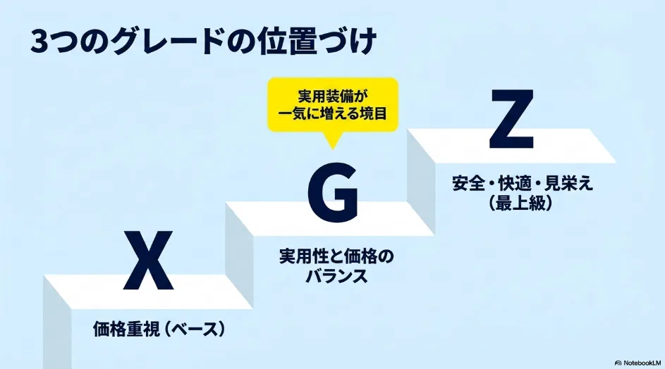 シエンタX・G・Zグレードの位置づけと価格・装備の違いを示した図