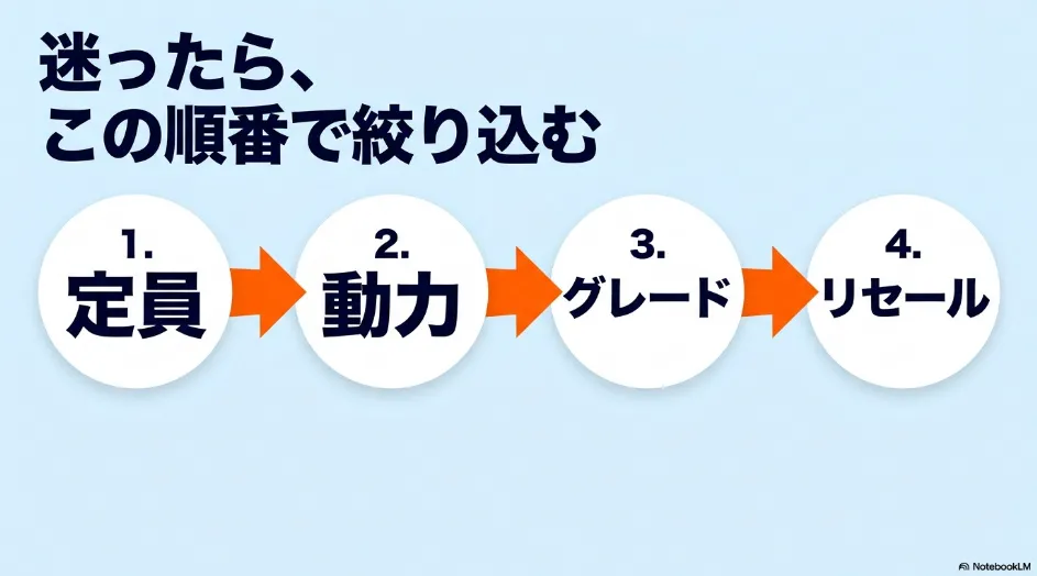 シエンタ選びは定員・動力・グレード・リセールの順番で絞り込むと分かりやすいことを示した図