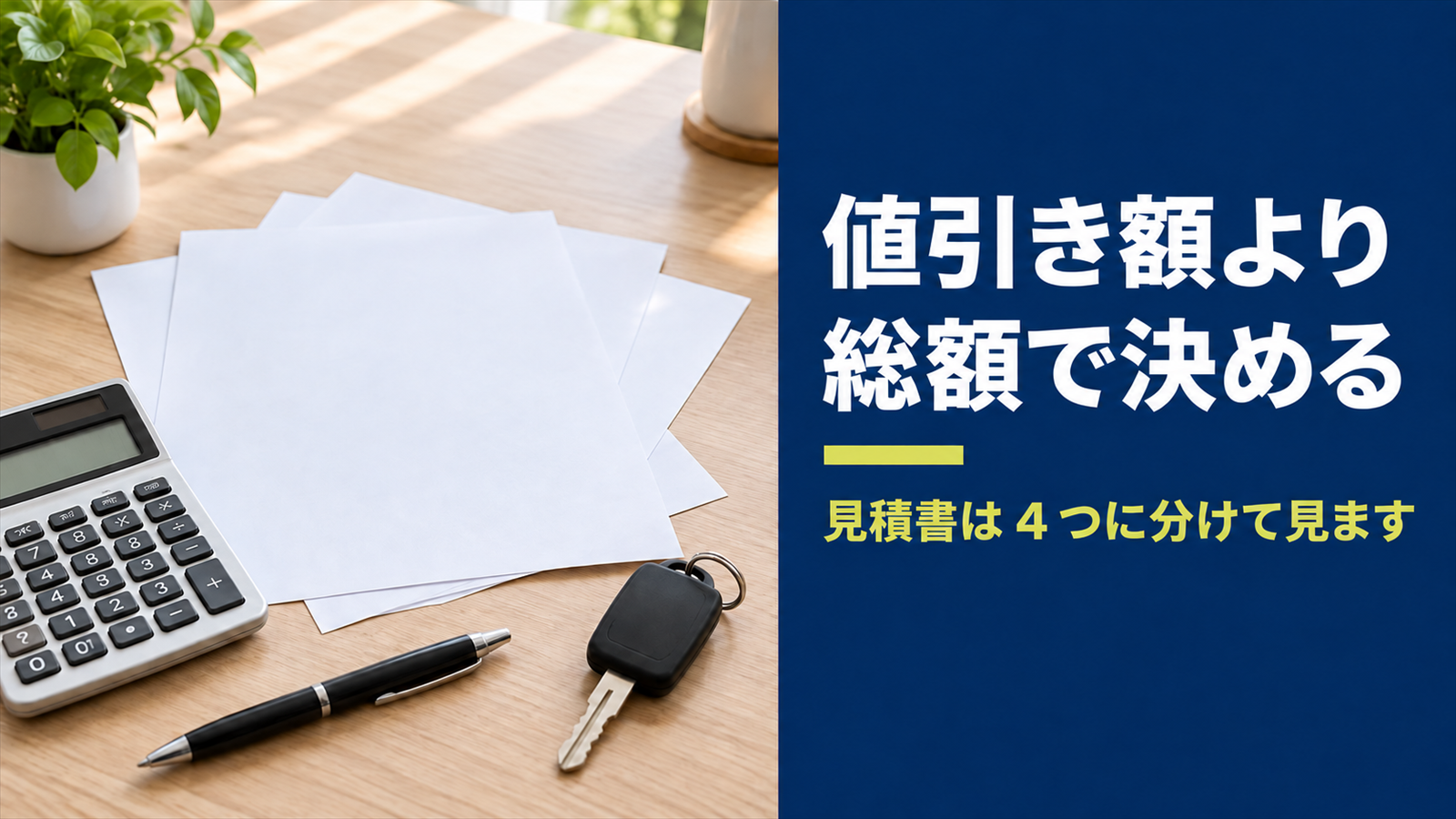 書類と電卓と車の鍵が置かれた机と、値引き額より総額で決めるという言葉