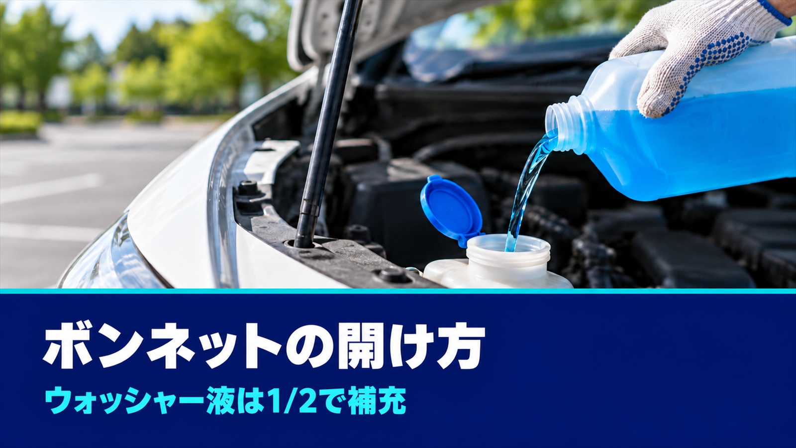 ボンネットを少し開けた車にウォッシャー液を注ぐ手元
