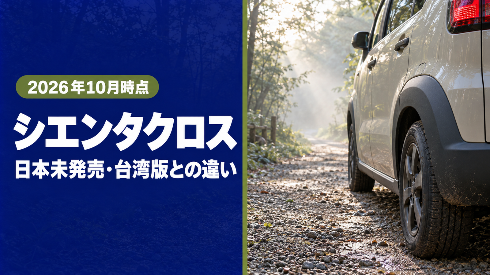 朝霧の林道の入口に止まったミニバンの黒い樹脂フェンダー