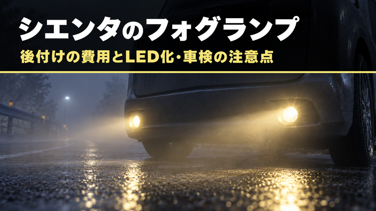 霧の夜道で黄色いフォグランプを点けたミニバンの前部