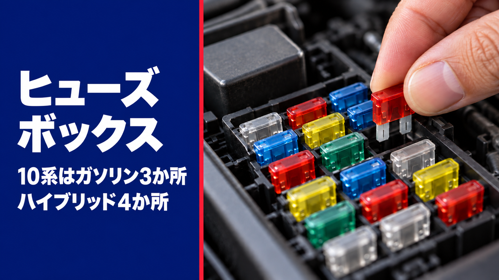 ふたを外したヒューズボックスから平型ヒューズを指でつまむ手元
