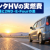 朝の高速道路を走るコンパクトミニバンを低い位置から見た後ろ姿
