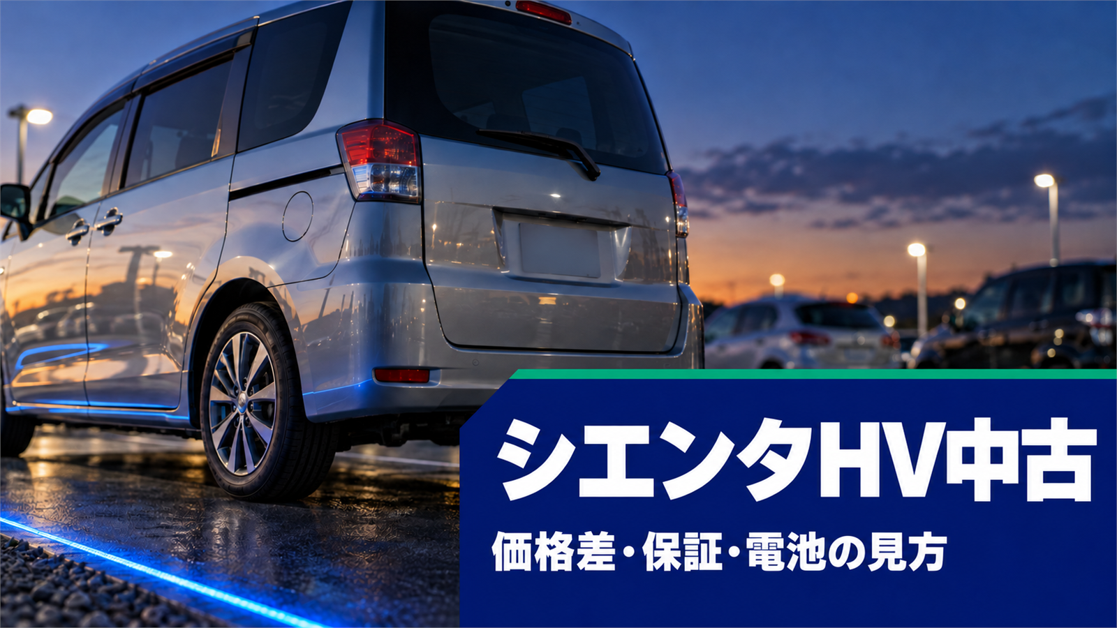 夕方の中古車展示場で青い照明に照らされたコンパクトミニバンの後ろ姿