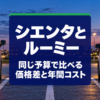 夕方の駐車場に左右に並んだ背の高さが違う2台の車の後ろ姿