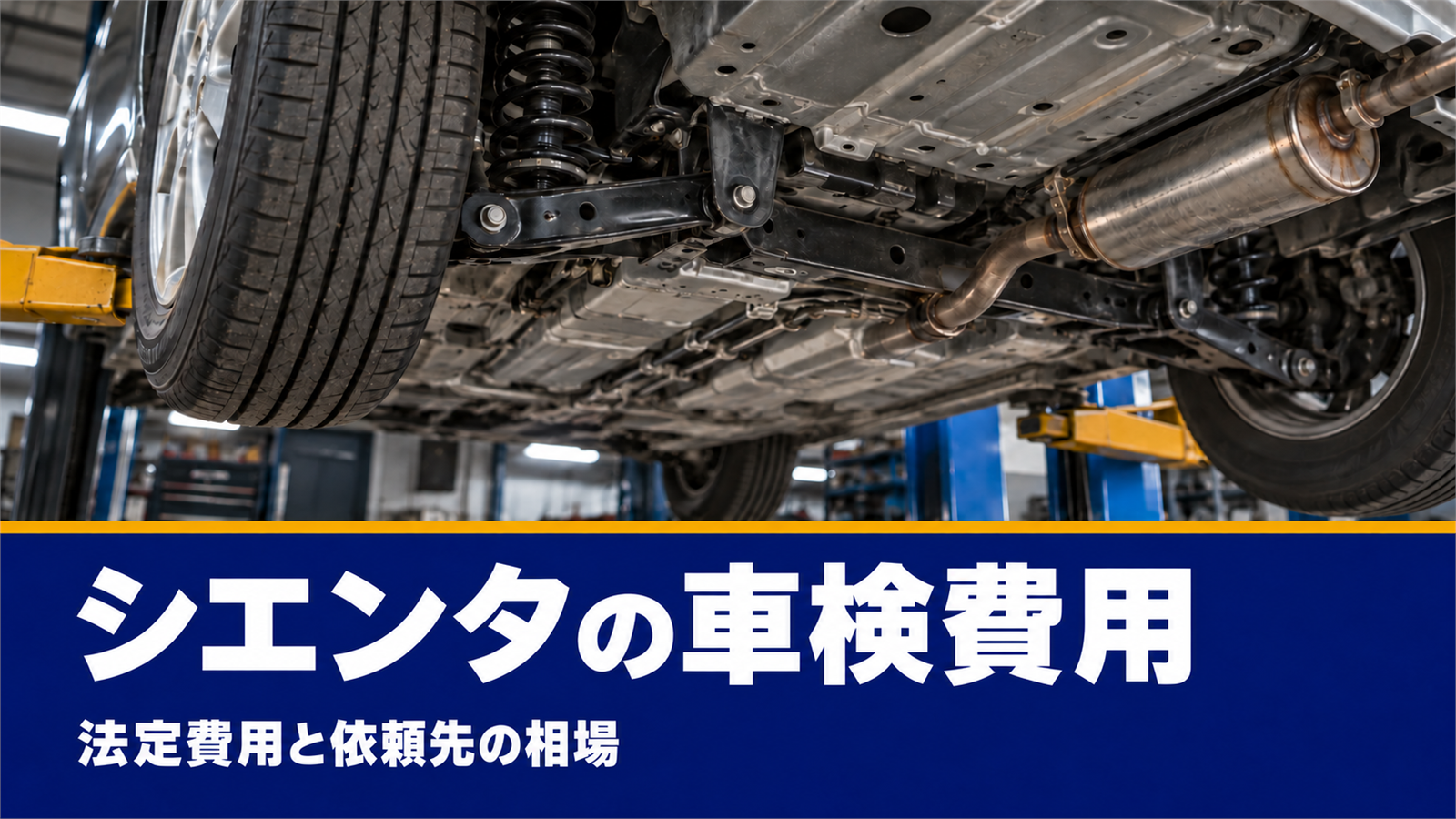 整備工場のリフトで持ち上げたミニバンの下回りとタイヤ
