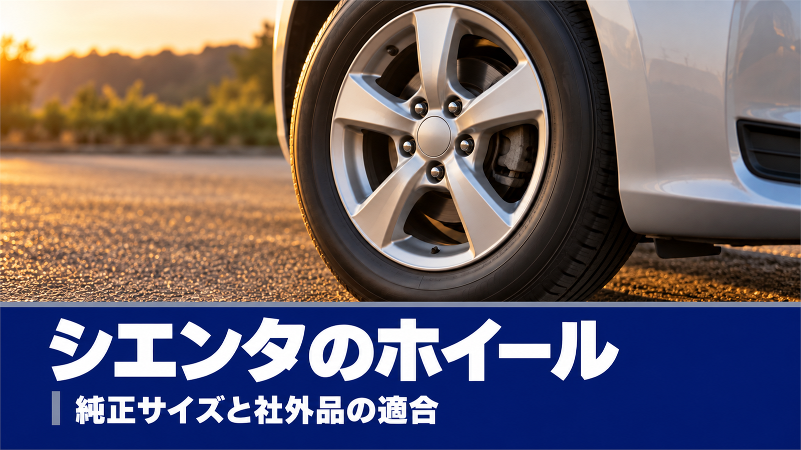 夕方の舗装路で斜めから写したミニバンのシルバーの5本スポークのアルミホイール